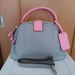 本革　2way バイカラー　ハンドバッグ　グレー×ピンク　リアルレザー