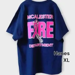 Hanes ｜消防士ロゴ・ピンクリボン・XL・ネイビーTシャツ・バックプリント