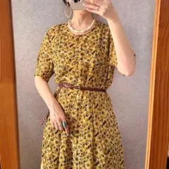 used レトロ古着 ひまわり柄ワンピース 半袖 花柄 黄色 ヴィンテージライクのサムネイル