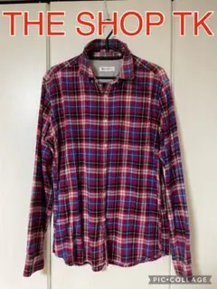THE SHOP TK 襟付き 長袖 シャツ チェック 赤 サマーシャツ 夏
