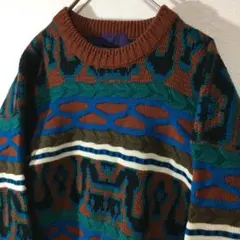 【個性派古着】3Ｄ立体編み　総柄デザインセーター　奇抜な柄　一点物　マルチカラー