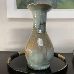 手作り陶器 花瓶 青緑と茶色