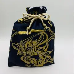 紺 金 風神雷神模様 御朱印帳袋　大判サイズ　巾着袋 和柄ハンドメイドのサムネイル