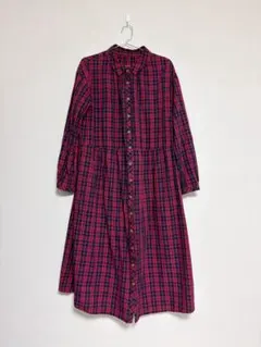 古着 ポケット付き チェック 長袖シャツワンピース 赤 レディース