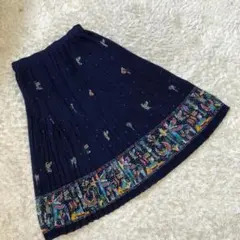 《 レディース 》 プリーツ スカート ネイビー 11号 裾に柄 かわいい