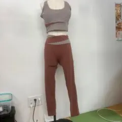 3505 ヨガウェアセット XL グレーとブラウンバイカラー