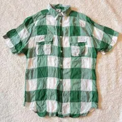 メンズ　シャツ　半袖　チェックシャツ　白・緑　美品　PLUS by XLARGE