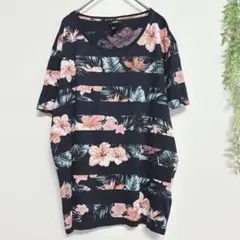 b1226 H＆M 花柄×ボーダーカットソー ハワイアン ボタニカル チュニック