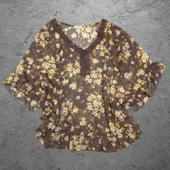 ecoloha 花柄シフォンブラウス ブラウン フリル袖 平成 레트로 フェミニン