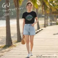 【美品】GU クロップド丈 ロゴTシャツ S ブラック ミニT アメカジ古着風