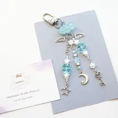 ビーズキーホルダー 青 水色 ブルー クローバー 天使 雲 鍵