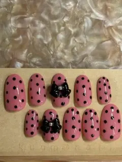 現品 量産型 ネイルチップ ピンク ブラック ドット リボン フレンチガーリー
