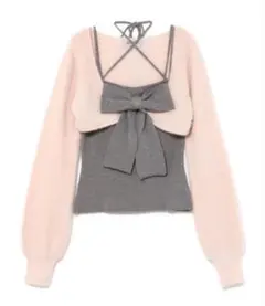 bubbles リボンニットアンサンブル ピンク グレー