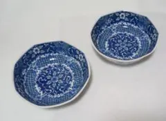 青と白の花柄八角形ボウル2個セット