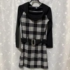 チェック柄ワンピース　長袖ベルト付きワンピ　　　サイズM