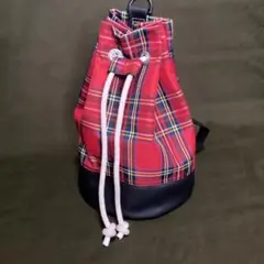 ボンサック ワンショルダーバッグ (赤系チェック柄+合皮) ❇︎ハンドメイド❇︎
