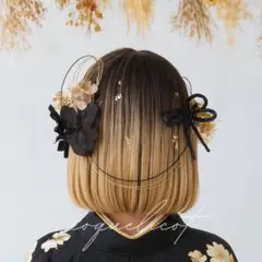 胡蝶蘭 髪飾り 黒　ブラック 金箔シート付／成人式 卒業式 ボブヘア④