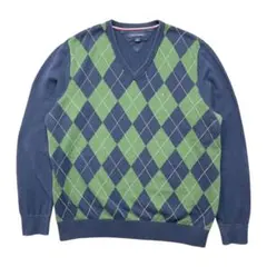 トミーヒルフィガー コットン Vネック 刺繍ロゴ アーガイル柄 薄地 セーター