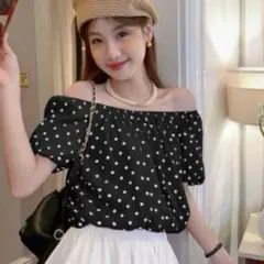GRL ドット柄オフショルダーショート丈ブラウス