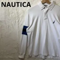 NAUTICA ノーティカ ホワイト 長袖ポロシャツ 青いストライプ