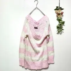 【cote-de】長袖ニット チュニック ボーダー オフホワイト×ピンク (M)