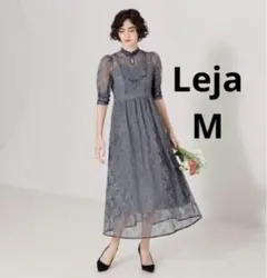【Leja】チャイナ風ボタン花柄レーススパンコールウエストマーク付きワンピースM