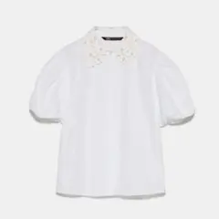 ZARA フェイクパールディテール付きクロシェ編みポプリンブラウス レース襟のサムネイル