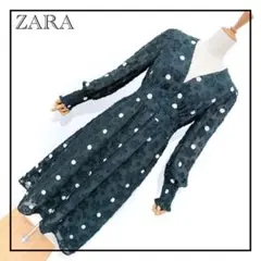 【ZARA】ドット 花柄 刺繍 パフスリーブ ワンピース グリーン 春服 M