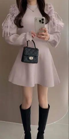 め*ん様 GRLチュールショルダーファーフレアニットミニワンピース[tu1477