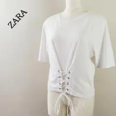 【人気】ザラZARAウエストレースアップトップス半袖カットソー定番ホワイト白M