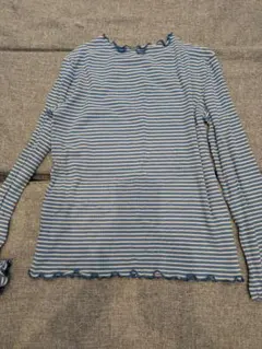 青白ストライプ フリル裾 長袖トップス F