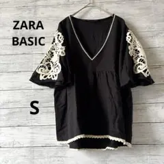 ZARA BASIC レース装飾 Vネック 半袖 トップス　麻混　フレア袖　Sのサムネイル