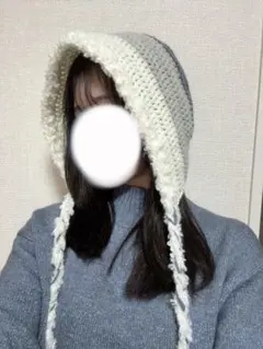 ボンネット　フード帽子　バラクラバ　シンプル　白　グレー　耳当て付き