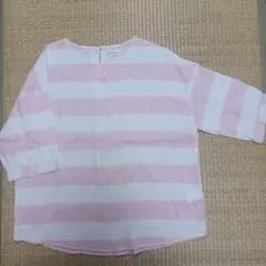 レディースピンクと白のストライプ五分袖トップス　Mサイズ