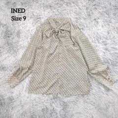 INED イネド ボウタイ 長袖ブラウス 9号 総柄 幾何学模様 日本製