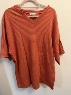 オレンジ ストライプ Vネック 半袖Tシャツ