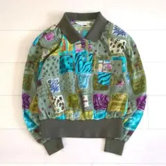 80s 90s Vintage 総柄ブラウス M カーキ 短丈 Y2K グランジのサムネイル
