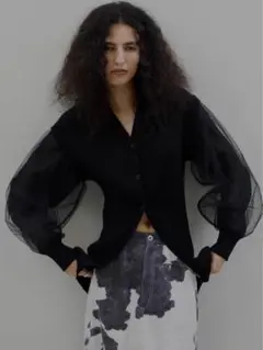 SHEER SLEEVE WAVE KNIT CARDIGAN ブラック