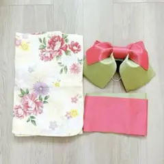レディース浴衣 浴衣帯セット 花柄 黄色 イエロー ピンク 新品