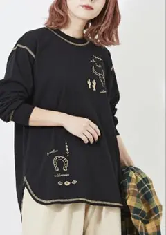 【新品タグ付き】キューブシュガー ネイティブ刺繍 配色ステッチ ロンT 黒 M