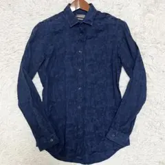 ZARA 長袖シャツ メンズ スリムフィット カモフラ ネイビー M コットン