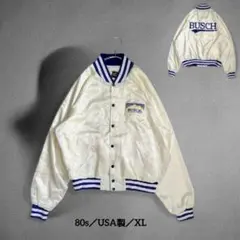 80s USA製 BUSCH クリーム色 サテンスタジャン バックロゴ XL古着
