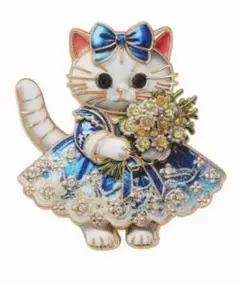 猫 女の子　花束　ブローチ スカート　白猫　ラインストーン（20）