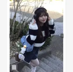 ボーダー柄クロップド丈ニットトップス グレー