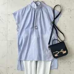 美品♪セオリーリュクス コットンバンドカラー半袖シャツ 38 ブルー 高橋リタ 美品♪セオリーリュクス コットンバンドカラー半袖シャツ 38 ブルー