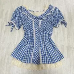 Emily Temple ブルー☆チェック柄 半袖フリルワンピース 140センチ