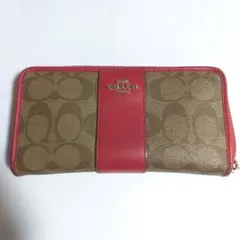 COACH 長財布 ブラウン/レッド キャンバス/レザー
