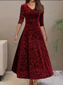 バーガンディ ベルベット Aラインドレス