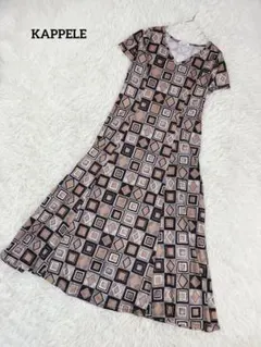 ロングワンピース 半袖フレアワンピース 幾何学柄　薄手 ストレッチ性 3194