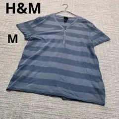 H&M エイチアンドエム コットン ヘンリーネック ボーダー シャツ ブルー Mのサムネイル